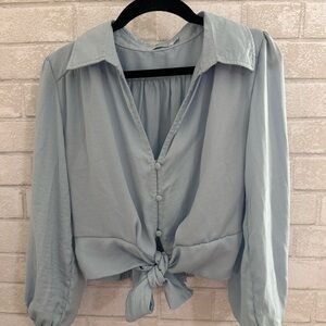 Valleygirl Satin Tie Front Blouse in Blue with Button-Down front